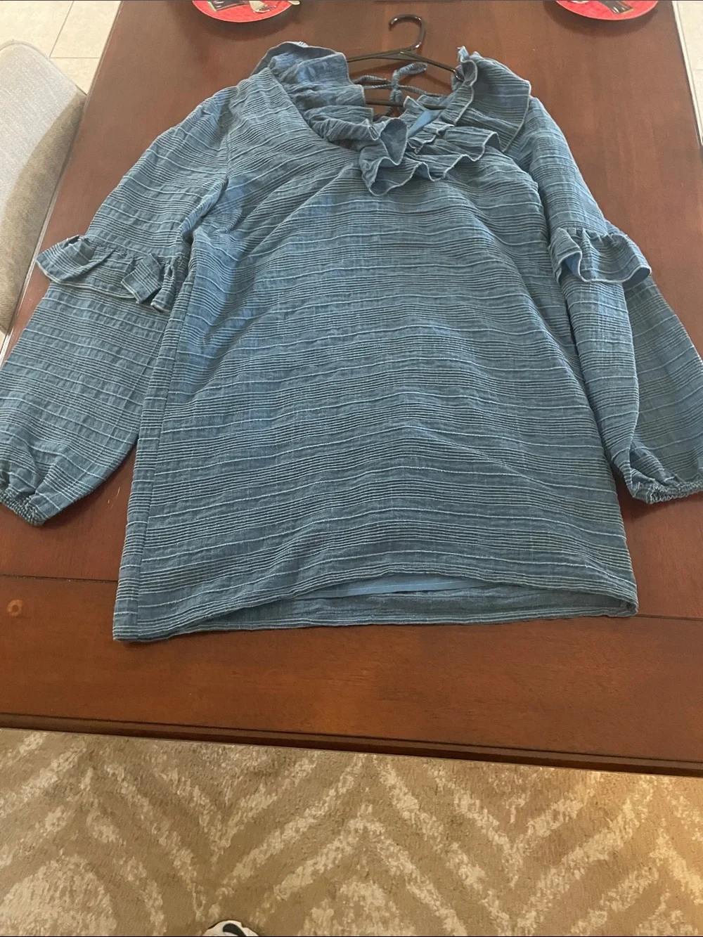 Ruffled Neck Blue Women's Blouse